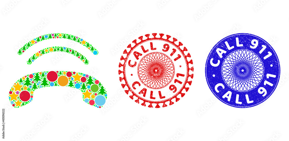 Fototapeta premium Phone ring mosaic of New Year symbols, such as stars, fir-trees, color round items, and CALL 911 unclean watermarks. Vector CALL 911 watermarks uses guilloche pattern,