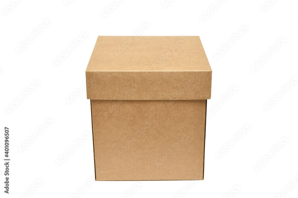 Kraft cardboard box isolated on white background. Blank paper box mock up. 