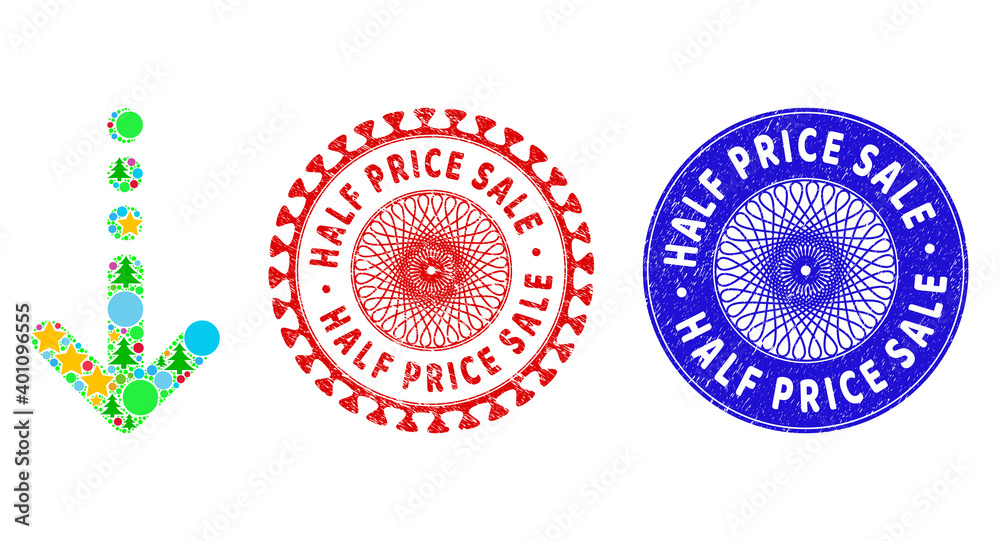 Send down mosaic of New Year symbols, such as stars, fir-trees, color round items, and HALF PRICE SALE dirty stamp prints. Vector HALF PRICE SALE imprints uses guilloche ornament, Send down mosaic of New Year symbols, such as stars, fir-trees, color round items, and HALF PRICE SALE dirty stamp prints. Vector HALF PRICE SALE imprints uses guilloche ornament,