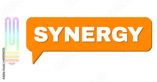 Synergy and fluorescent bulb composition. Spectral colored net fluorescent bulb, and speech Synergy cloud message. Speech colored Synergy cloud has shadow.