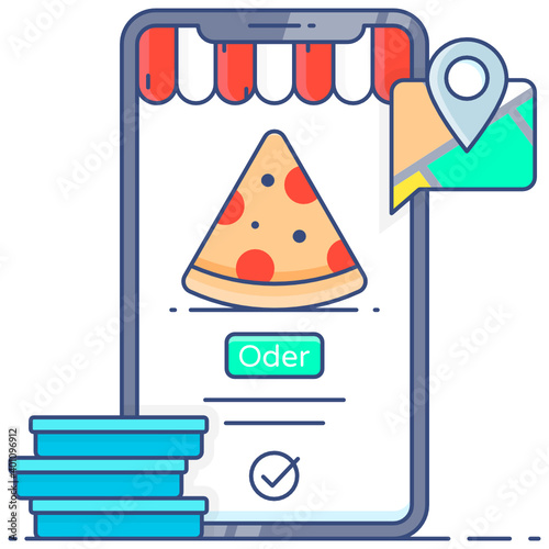 Online pizza flat outline icon, online ordering application 