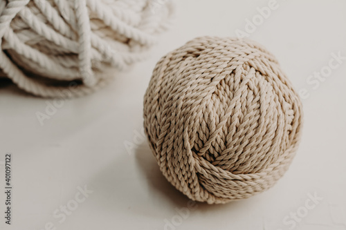 Balls of cotton yarn for making macrame.