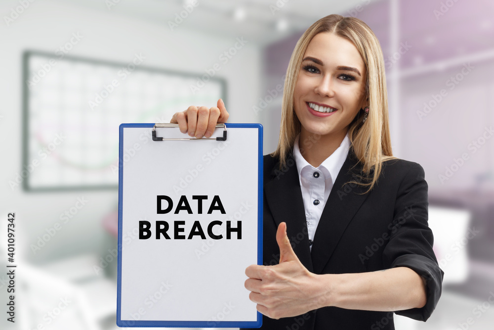 Business, technology, internet and network concept. Young businessman thinks over the steps for successful growth: Data breach Business, technology, internet and network concept. Young businessman thinks over the steps for successful growth: Data breach