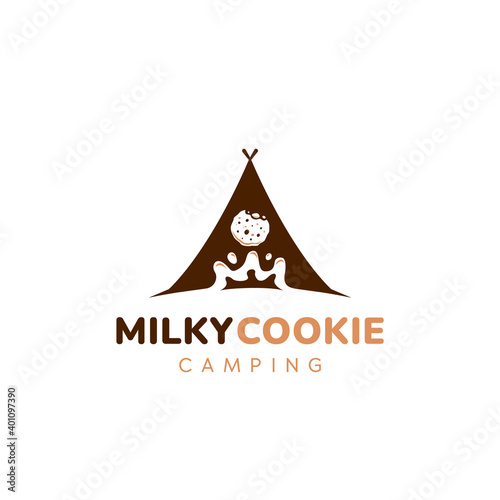 Milk and cookie, milky cookies camping club logo icon symbol vector with dark brown chocolate tent illustration