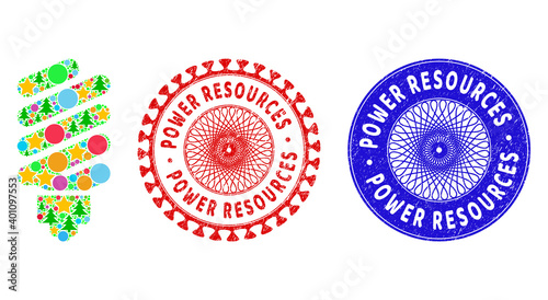 Fluorescent bulb collage of Christmas symbols, such as stars, fir trees, colored balls, and POWER RESOURCES corroded stamp seals. Vector POWER RESOURCES stamp seals uses guilloche ornament,