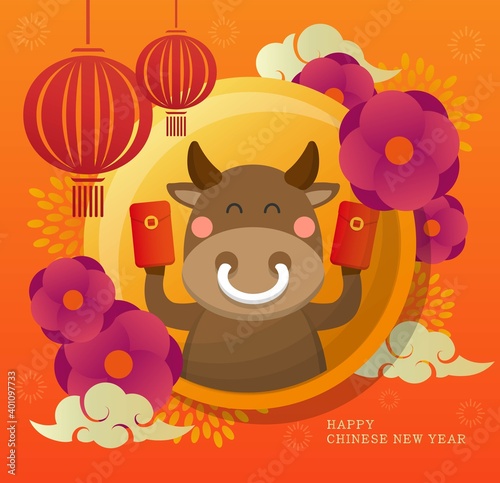 Chinese Lunar New Year Zodiac Bull holding a red envelope  paper cut three-dimensional relief poster or greeting card  cartoon vector illustration