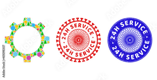 Gear wheel mosaic of New Year symbols, such as stars, fir-trees, multicolored circles, and 24H SERVICE grunge stamp prints. Vector 24H SERVICE imprints uses guilloche pattern,
