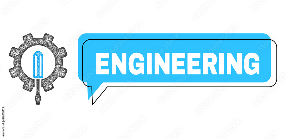 Conversation Engineering blue bubble message and net engineering. Frame and colored area are shifted for Engineering label, which is located inside blue colored bubble.