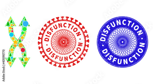 Shuffle arrows vertical composition of Christmas symbols, such as stars, fir-trees, colored balls, and DISFUNCTION rough seals. Vector DISFUNCTION watermarks uses guilloche ornament,