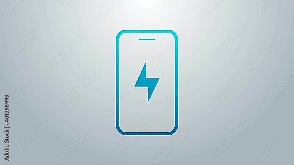 Blue line Smartphone charging battery icon isolated on grey background. Phone with a low battery charge. 4K Video motion graphic animation Blue line Smartphone charging battery icon isolated on grey background. Phone with a low battery charge. 4K Video motion graphic animation