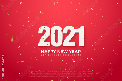 2021 happy new year red background with golden splash and numbers illustration. © BerkahArt