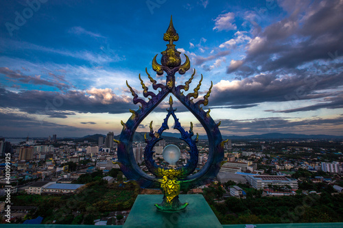 Wat Khao Phra Kru,Landmark of sriracha city with two of great Nagas guarded entrance to the view point and the crystal ball that gives an inverted view of the Sriracha scenery,Chonburi,Thailand photo