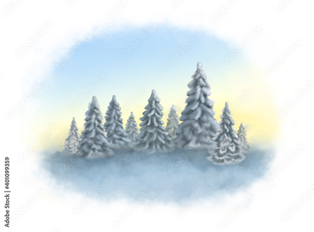Watercolor illustration of a coniferous forest. Winter nature at sunset. Hand drawn background.