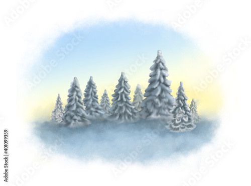 Watercolor illustration of a coniferous forest. Winter nature at sunset. Hand drawn background.