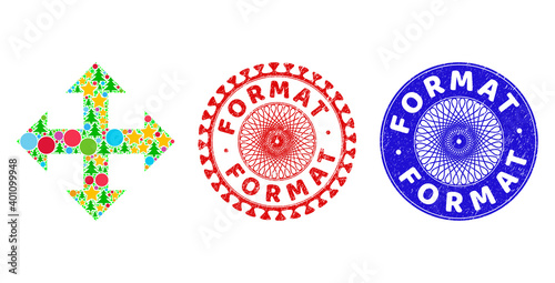 Expand arrows composition of Christmas symbols, such as stars, fir trees, color circles, and FORMAT rough seals. Vector FORMAT stamp seals uses guilloche pattern, designed in red and blue variants.