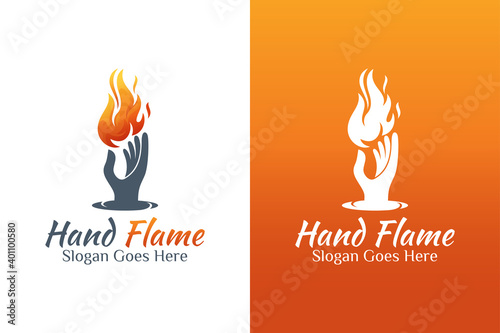vintage retro Fire or flame and hand energy care logo for bravery, fire care, torch flame symbol