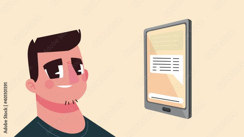 young man with smartphone avatar character animation