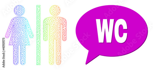 WC and WC persons vector. Spectrum colored net WC persons, and speech WC bubble message. Chat colored WC bubble has shadow. Vector model created from WC persons icon with triangular net.