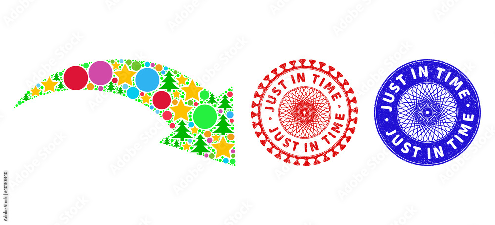 Fototapeta premium Redo composition of Christmas symbols, such as stars, fir-trees, colored circles, and JUST IN TIME grunge stamp seals. Vector JUST IN TIME stamp seals uses guilloche ornament,