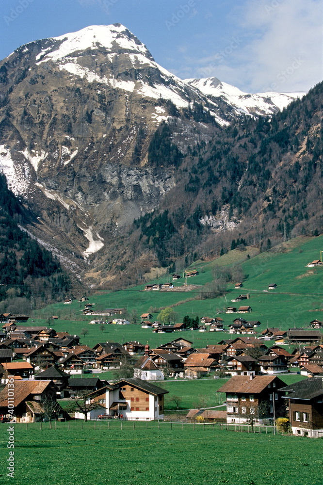 View of Lake Lungern valley and village in Obwalden, Switzerland.