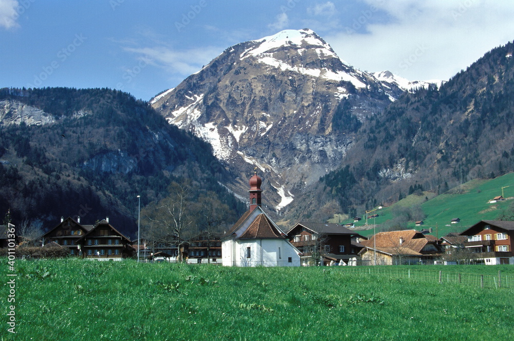 View of Lake Lungern valley and village in Obwalden, Switzerland.