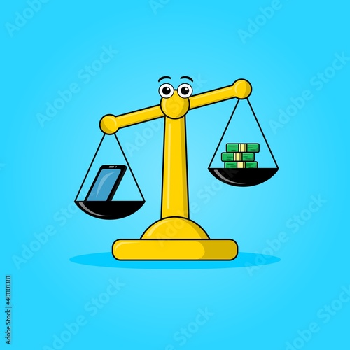 vector illustration of scales. weighing cellphone and money