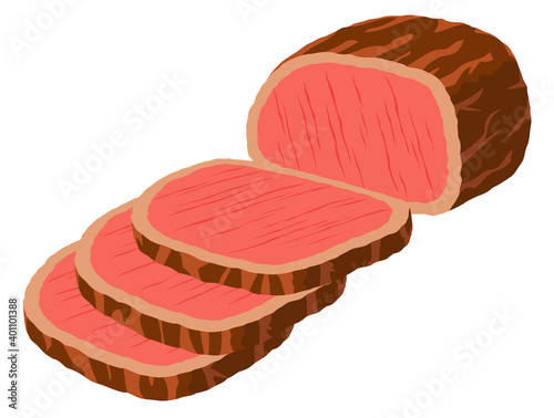 Roast beef block with cut pieces against white background