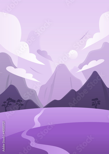 Vector illustration of the Korean winter landscape with mountains and clouds.