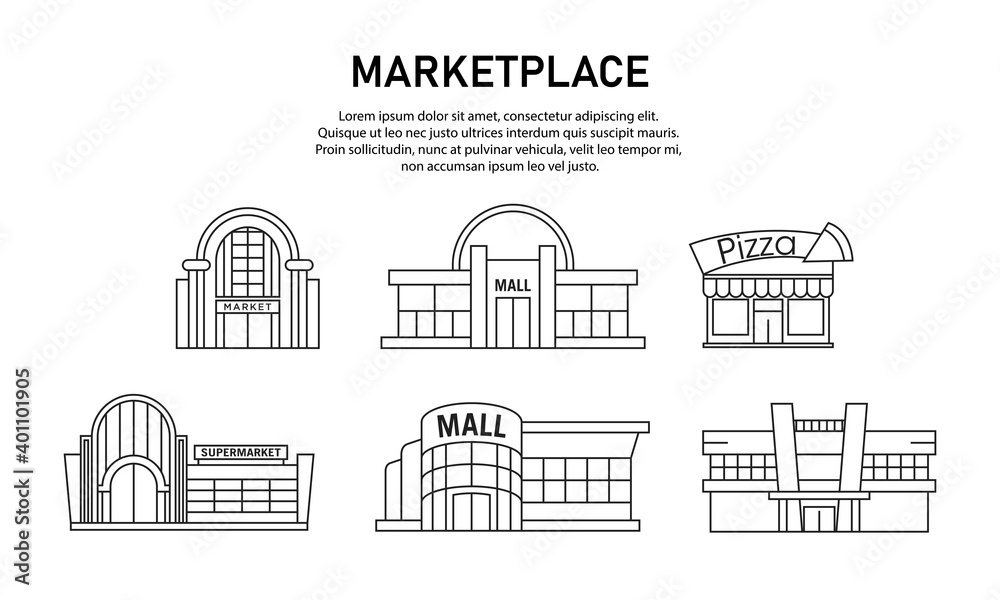 Collection of vector illustrations of supermarkets and malls. Suitable for illustrations from sales promotions, shopping centers, and e-commerce. Outlined supermarket icon set.