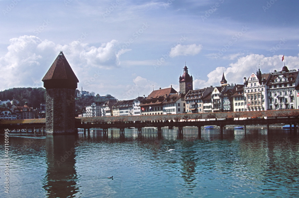 View of Lucerne City Skyline and Chapel Bridge in Lucerne, Switzerland.