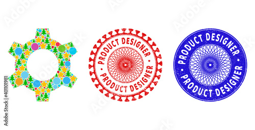 Cog mosaic of New Year symbols, such as stars, fir trees, bright balls, and PRODUCT DESIGNER unclean stamps. Vector PRODUCT DESIGNER stamps uses guilloche ornament, designed in red and blue versions.