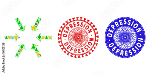 Compact arrows collage of New Year symbols, such as stars, fir-trees, colored round items, and DEPRESSION grunge watermarks. Vector DEPRESSION watermarks uses guilloche ornament,