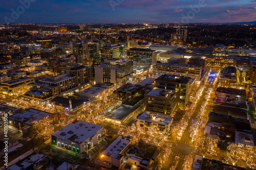 Aerial View of Cherry Creek Shopping and Dining District in the Denver Metro with Christmas Lights during the Holidays