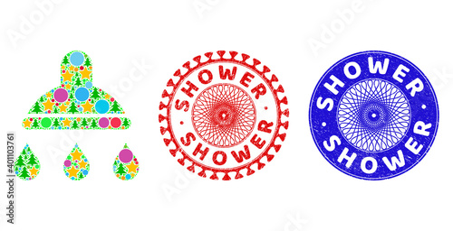 Shower mosaic of New Year symbols, such as stars, fir-trees, color balls, and SHOWER dirty stamp seals. Vector SHOWER stamp seals uses guilloche pattern, designed in red and blue colors. Stars,