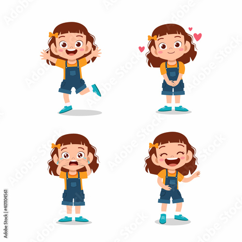 cute little kid girl pose with various expression set