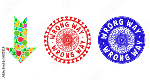 Arrow down composition of New Year symbols, such as stars, fir-trees, multicolored round items, and WRONG WAY corroded watermarks. Vector WRONG WAY imprints uses guilloche ornament,