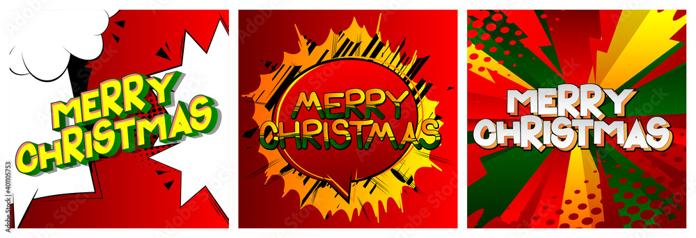 Comic book Christmas card template. Vector graphic for holiday slide, banners and web design with cartoon elements.
