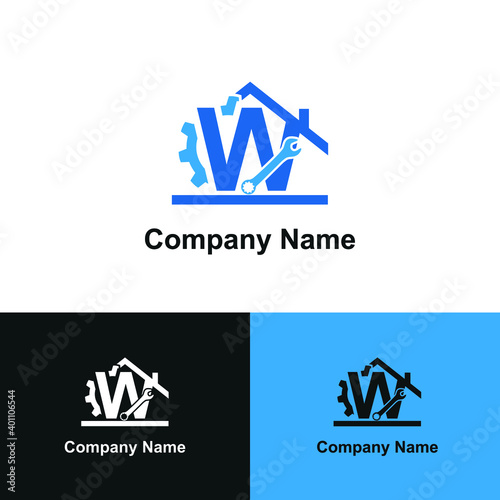 Initial letter W with gear, wrench and home icon for Home renovation, construction, repair and maintenance logo design concept vector