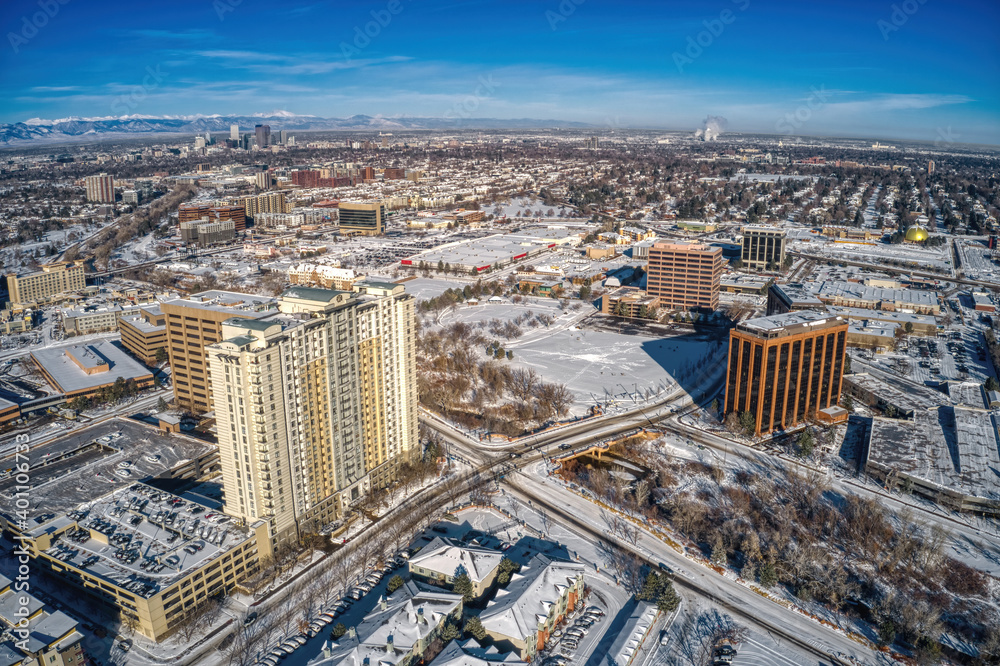 Aerial View of Glendale, Colorado in the Denver Metro after a fresh Snowfall