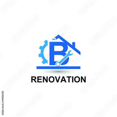 Initial letter B with gear, wrench and home icon for Home renovation, construction, repair and maintenance logo design concept vector