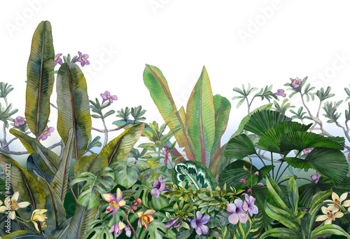 tropikalne liście i kwiaty rysowane ręcznie akwarelą. Tropikalny wzór. Stockowa ilustracja