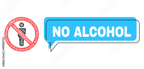 Conversation No Alcohol blue cloud message and wire frame forbidden man figure. Frame and colored area are shifted to No Alcohol phrase, which is located inside blue colored speech balloon.