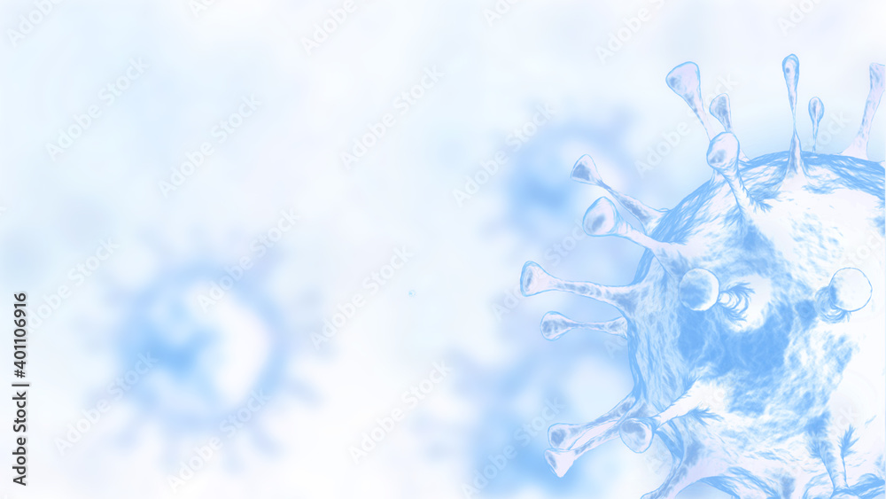 Close-up of COVID-19 virus on a blurred light blue background. 3D rendering and 3D illustration. Close-up of COVID-19 virus on a blurred light blue background. 3D rendering and 3D illustration.