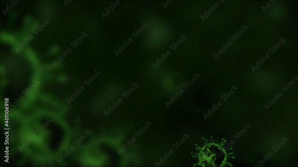 COVID-19 viral cell on a blurred green background. 3D rendering and 3D illustration. COVID-19 viral cell on a blurred green background. 3D rendering and 3D illustration.