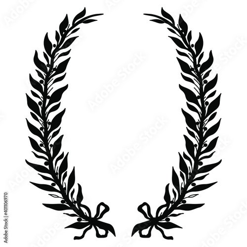 Laurel bay wreath. Oval floral frame. Black and white silhouette. Oval decorative element with two branches.