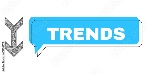 Speech Trends blue bubble frame and wire frame arrow down. Frame and colored area are shifted to Trends caption, which is located inside blue bubble. Vector quote text inside talking frame.