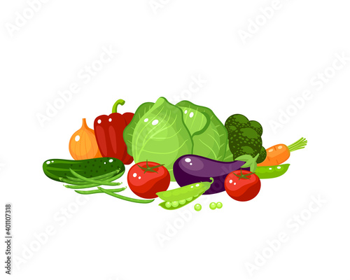 Vegetables composition. Fresh veggies for healthy lifestyle. Vector illustration cartoon flat icon isolated on white.