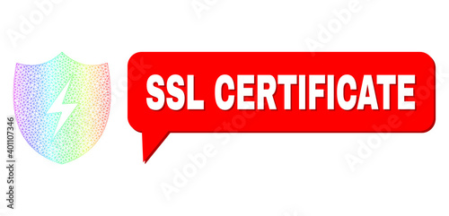 SSL Certificate and electric shield composition. Spectrum vibrant net electric shield, and speech SSL Certificate cloud frame. Speech colored SSL Certificate cloud has shadow.