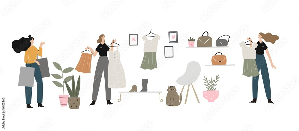 Young women are shopping at the shop. Vector flat illustration girl on sale. Black friday vector print banner. Online shopping