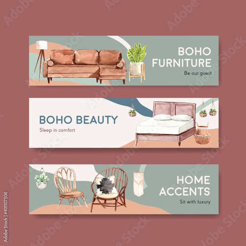 Banner template with boho furniture concept design for advertise and marketing watercolor vector illustration